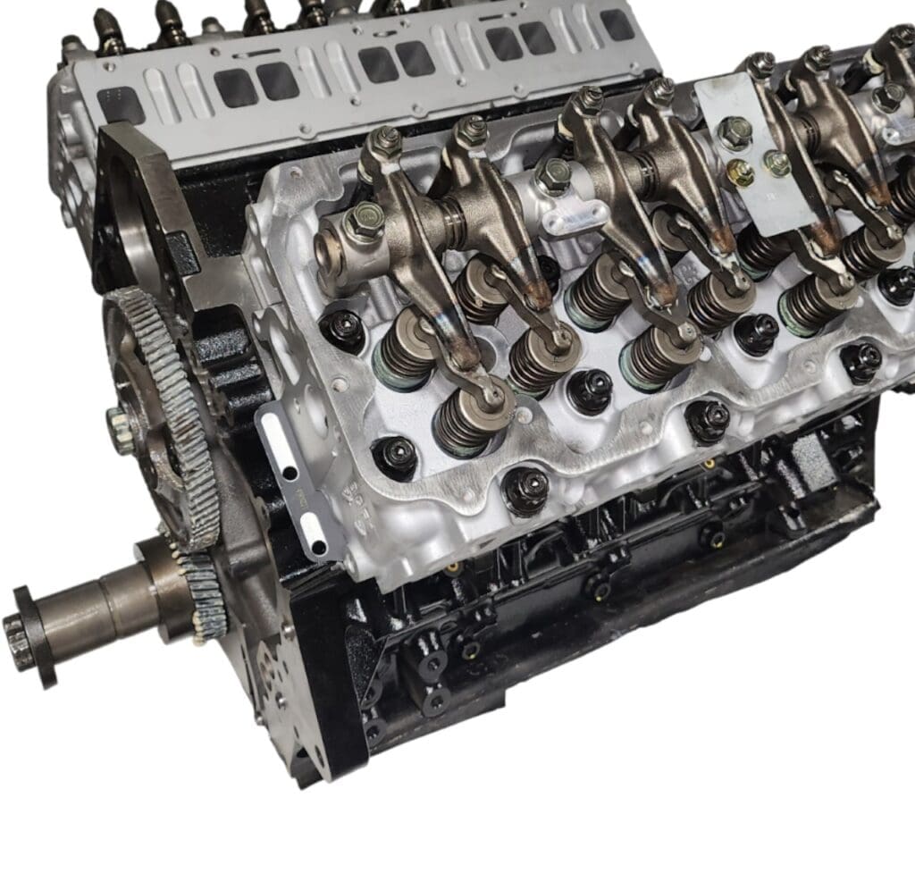 Car engine with exposed internal components.