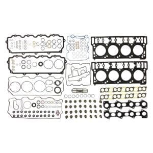 Engine gasket set with various components.
