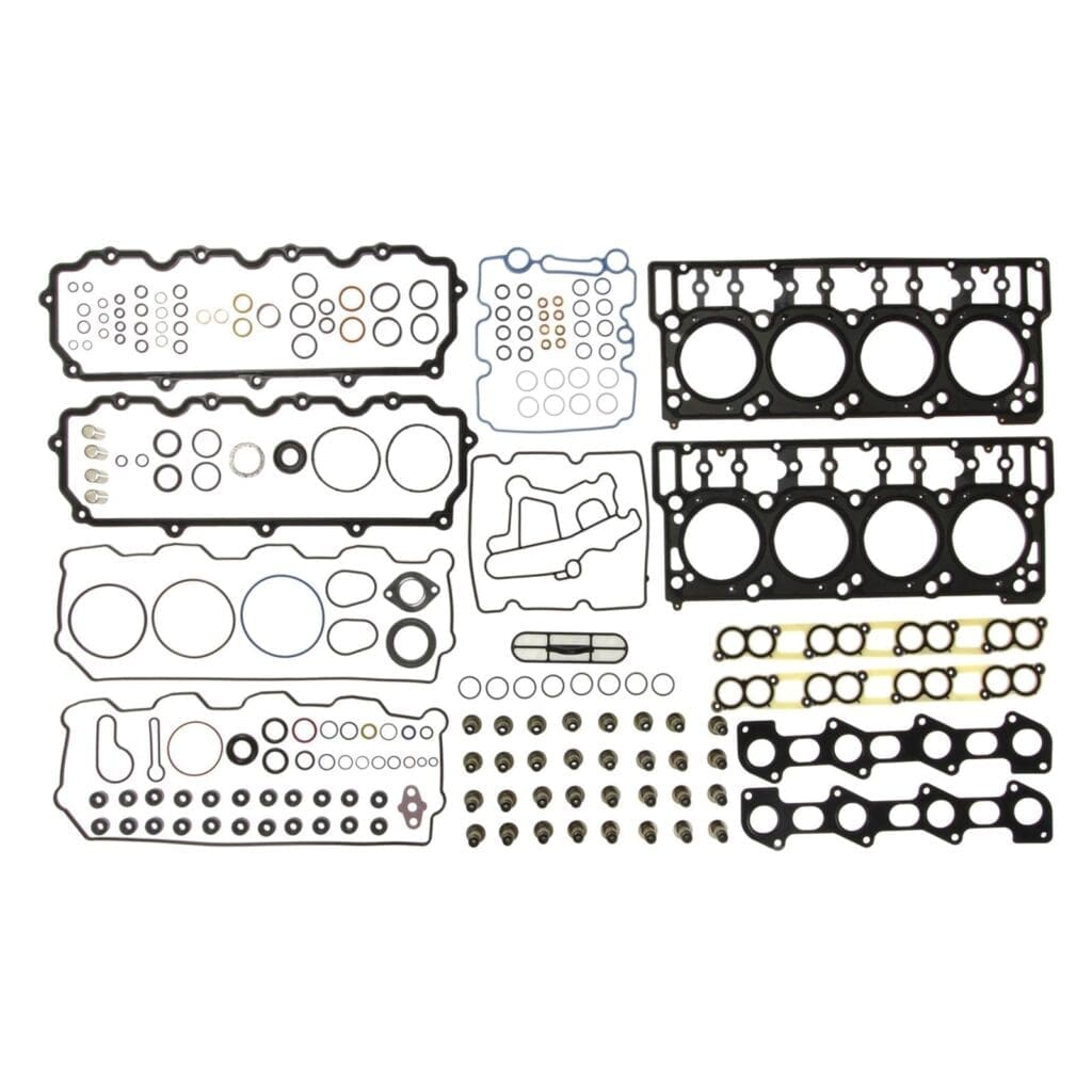 Engine gasket set with multiple components.
